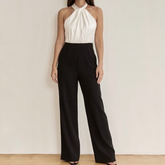 NWT Trina Turk Bianca Jumpsuit Size 10 Black Ivory Halter Wide Leg Zip $398 - Picture 1 of 11